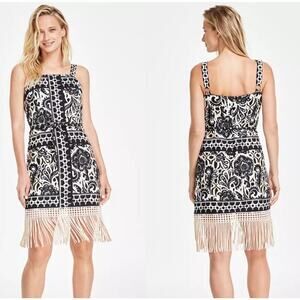 Tahari ASL Border Print Dress Sleeveless Fringe Trim Sheath Mini Black White 12